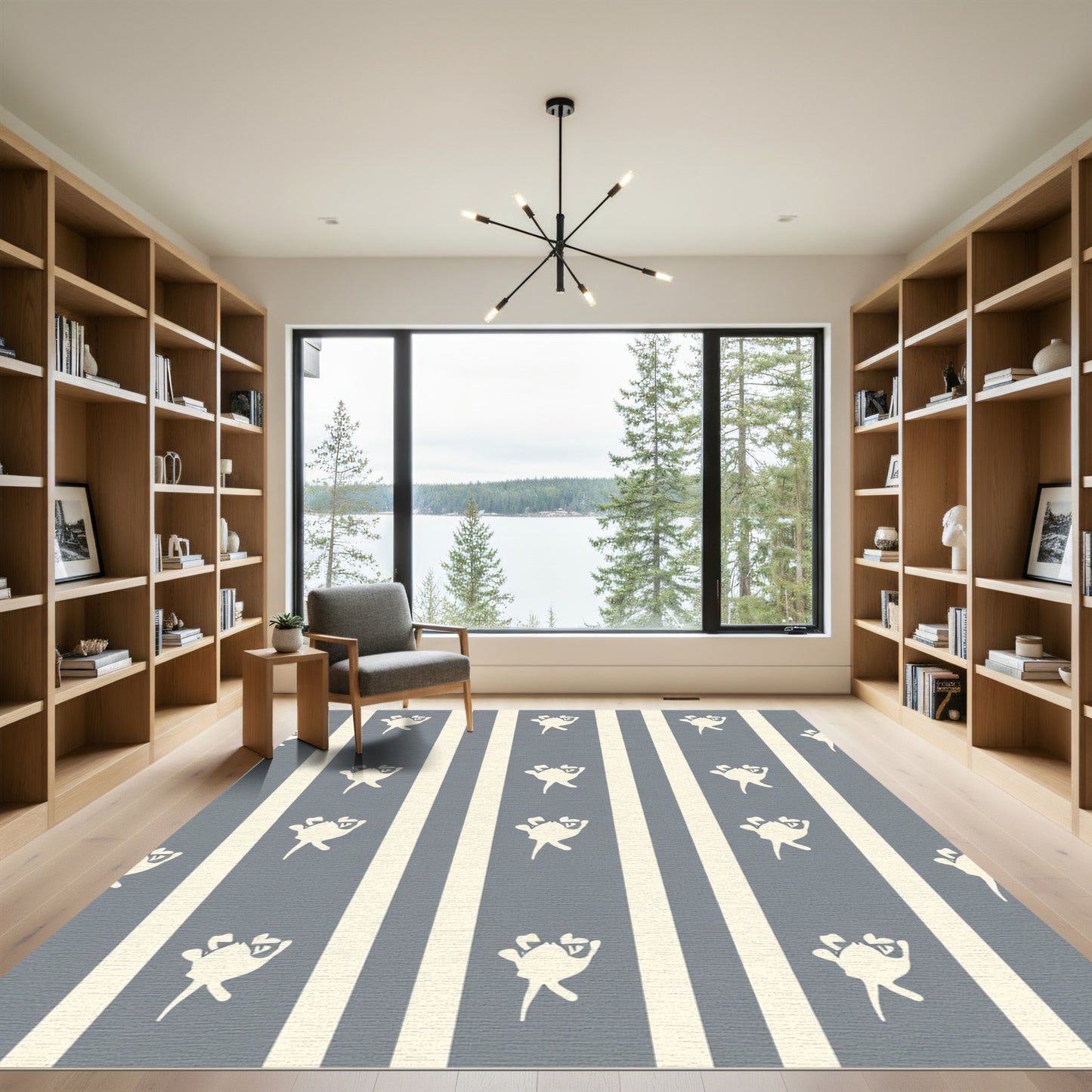Cream Blue Vertical Stipe Frog Rug