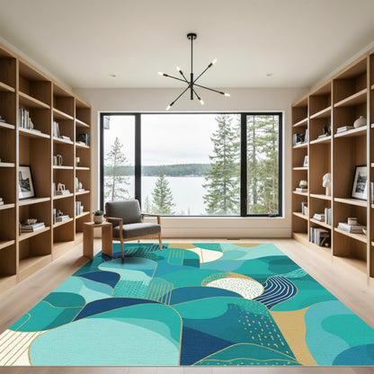 Teal Blue Golden Abstract Landscape Rug