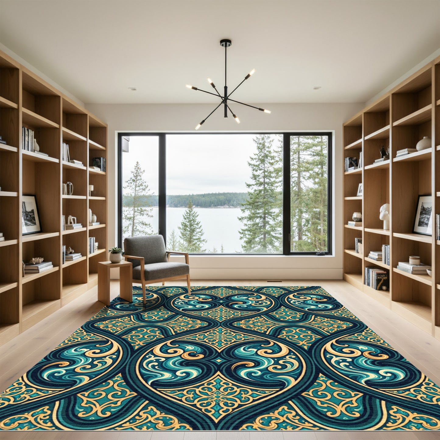 Deep Teal Gold Swirling Medallion Rug