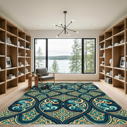Deep Teal Gold Swirling Medallion Rug