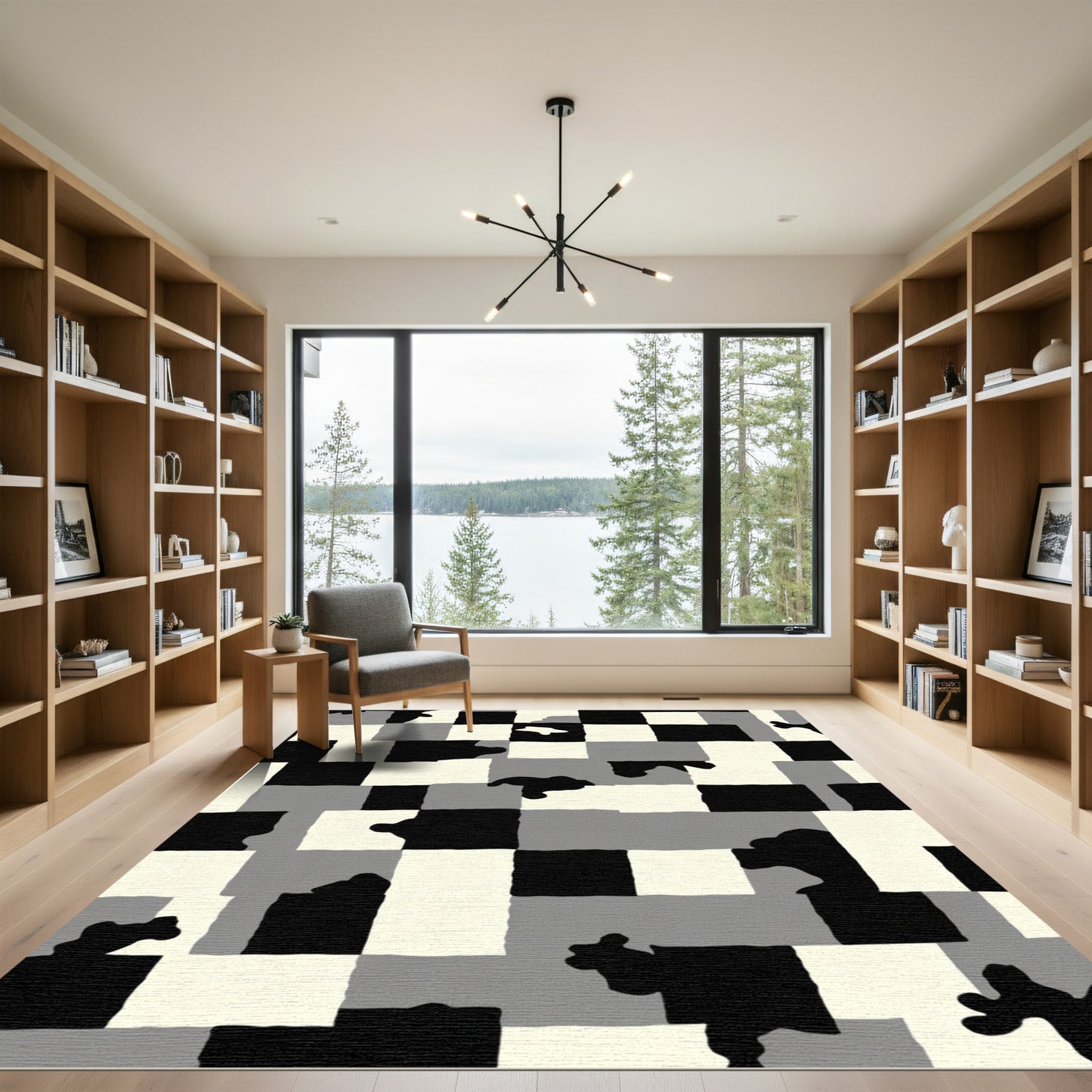 Black White Gray Blocky Shapes Rug