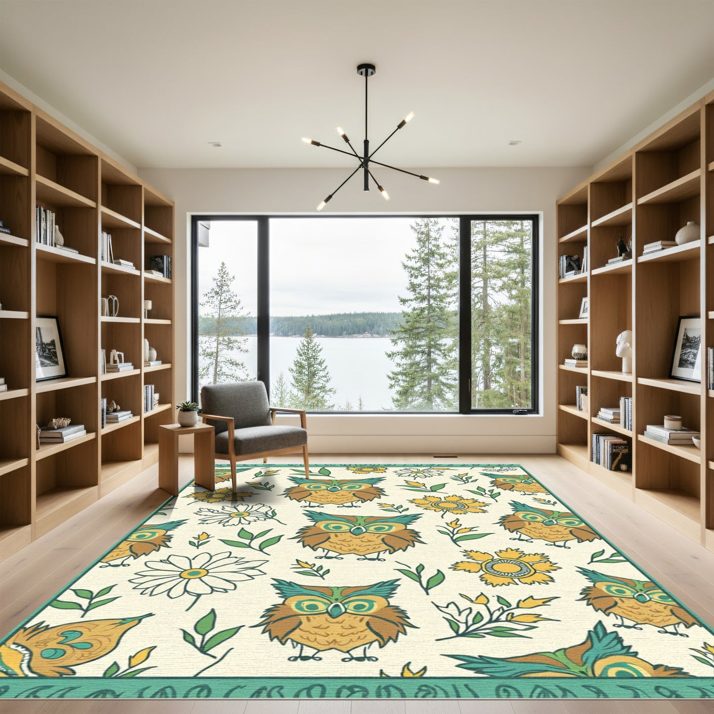 Brown Green Owl Floral Collection Rug