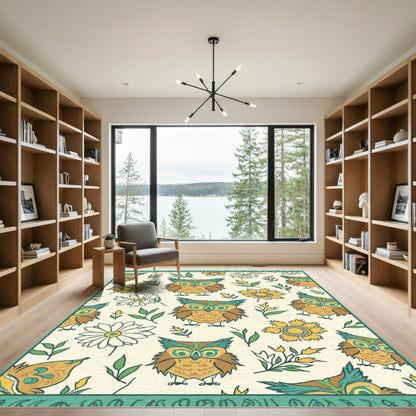 Brown Green Owl Floral Collection Rug
