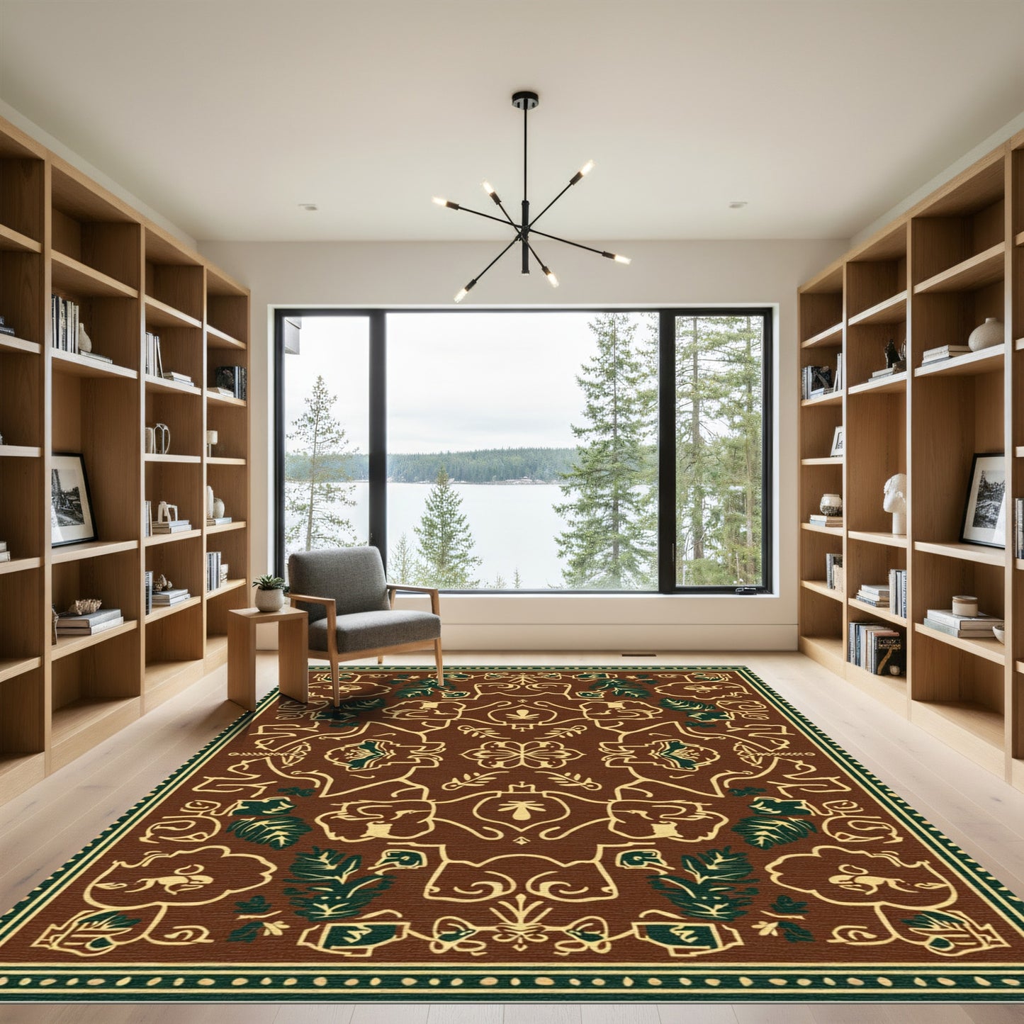 Brown Cream Green Floral Medallion Rug