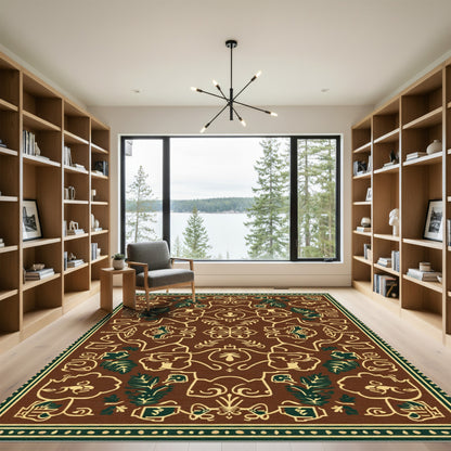 Brown Cream Green Floral Medallion Rug