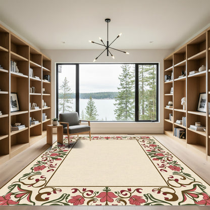 Ornate Crimson Floral Vine Border Rug