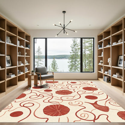Crimson Floral Swirls Cream Rug