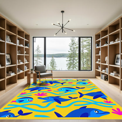 Happy Blue Dolphins Ocean Waves Rug