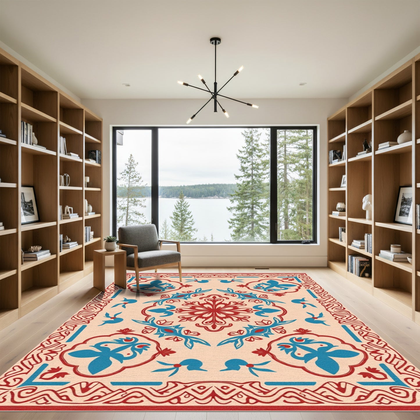 Crimson Blue Floral Mandala Border Rug