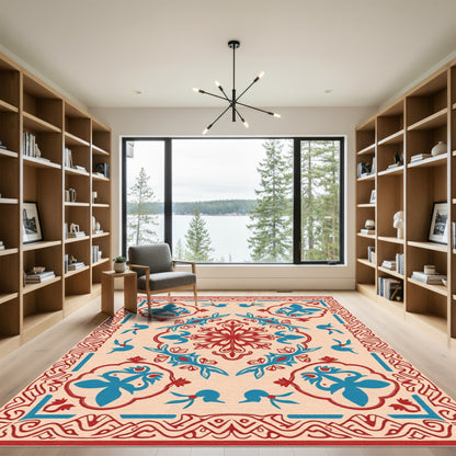 Crimson Blue Floral Mandala Border Rug