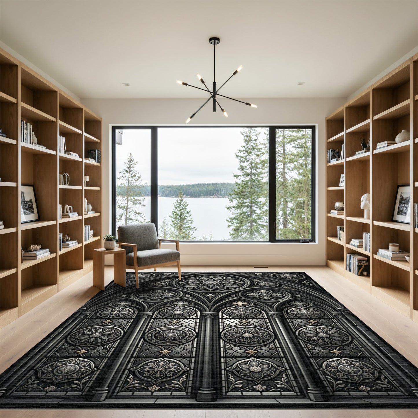 Gothic Silver Floral Rose Window Rug