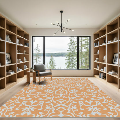 Orange and Blue Damask Scroll Rug