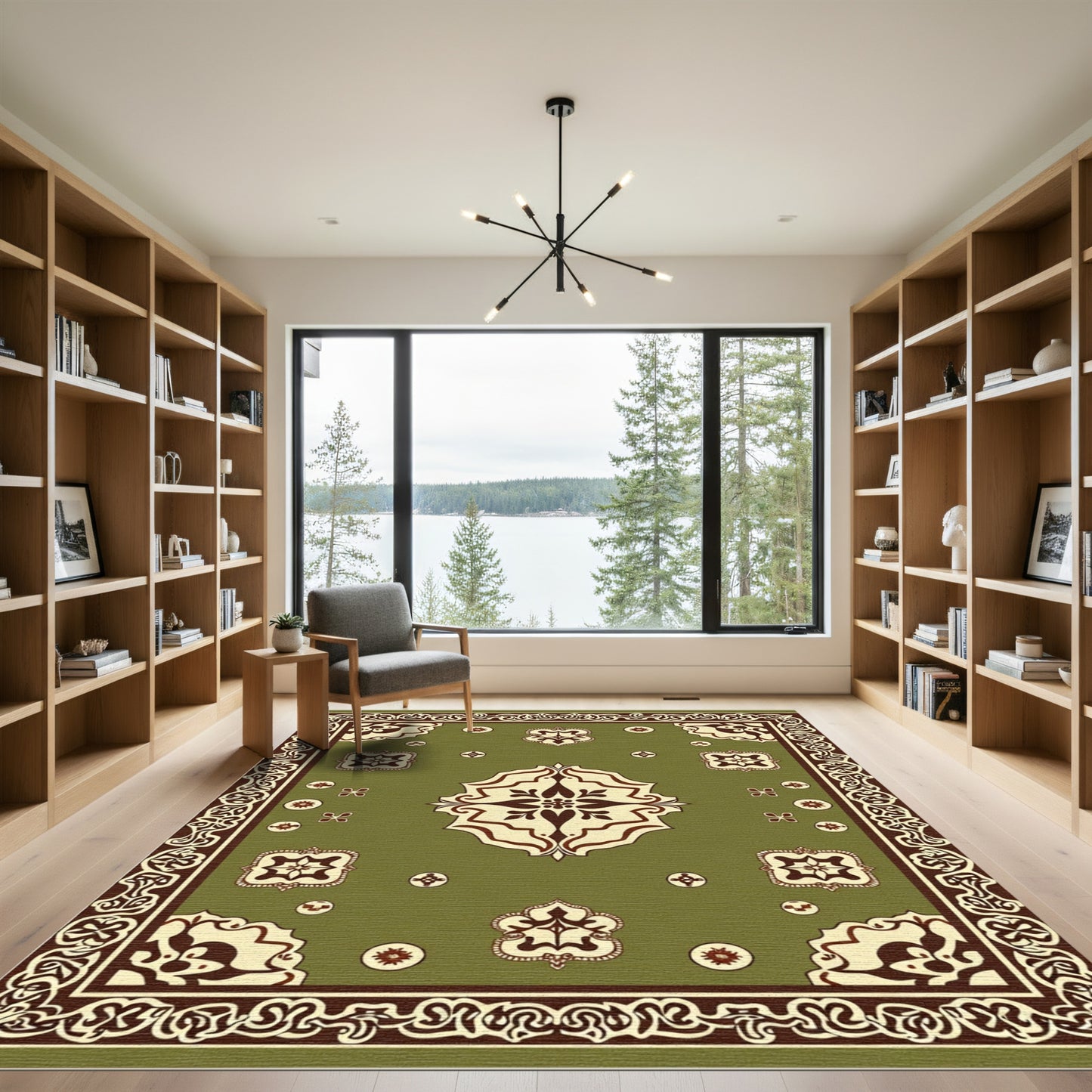 Olive Beige Floral Medallion Border Rug