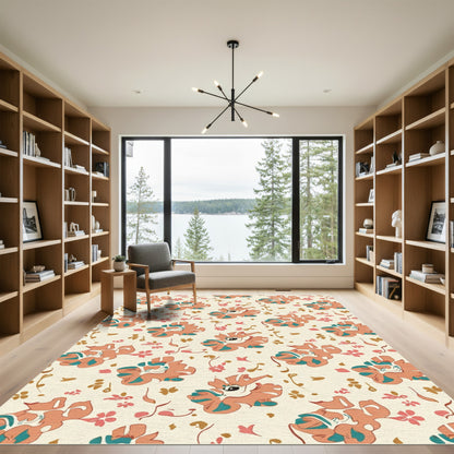 Coral Teal Floral Creatures Whimsical Rug