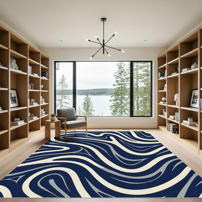 Deep Blue Ivory Swirling Lines Rug