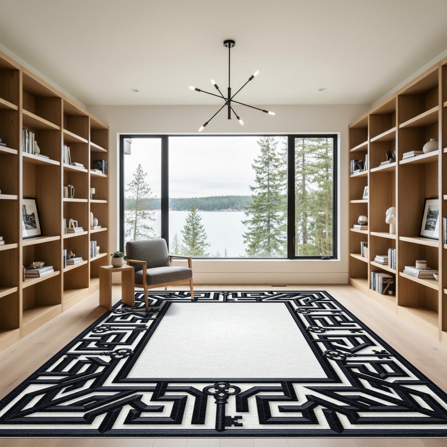Black Maze Keys Geometric Border Rug