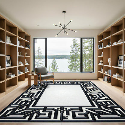 Black Maze Keys Geometric Border Rug