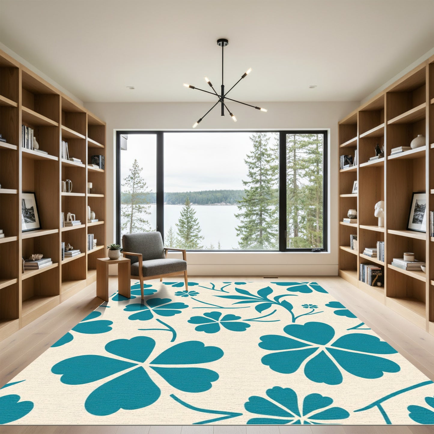 Teal Clover Floral Cream Background Rug