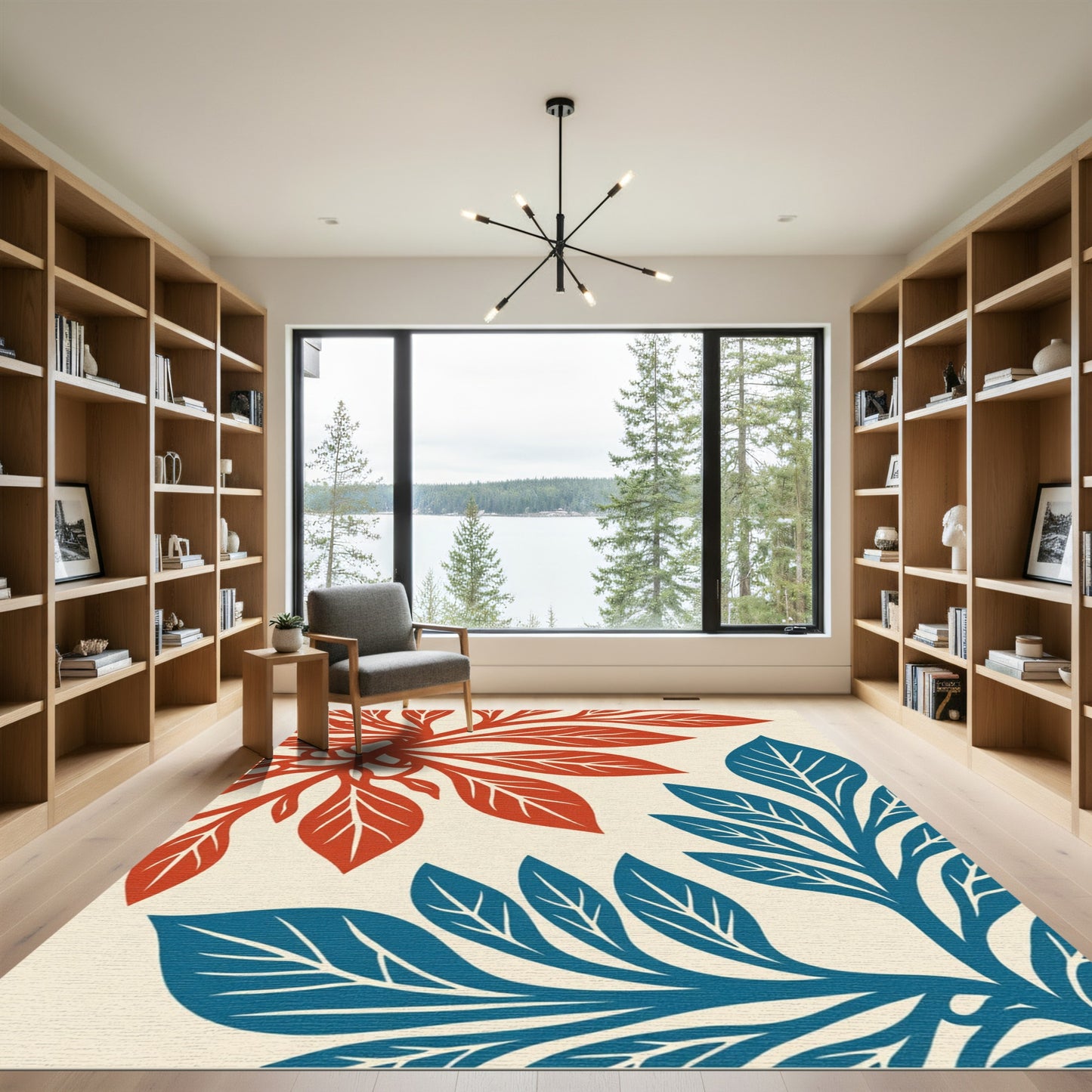 Red Blue Leafy Branch Art Rug