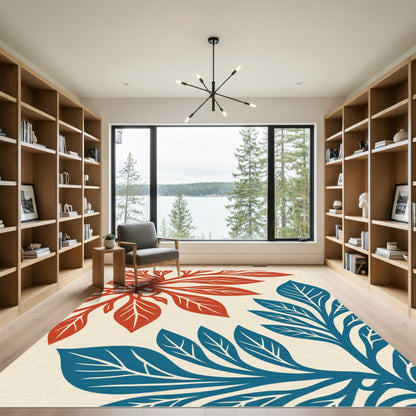 Red Blue Leafy Branch Art Rug