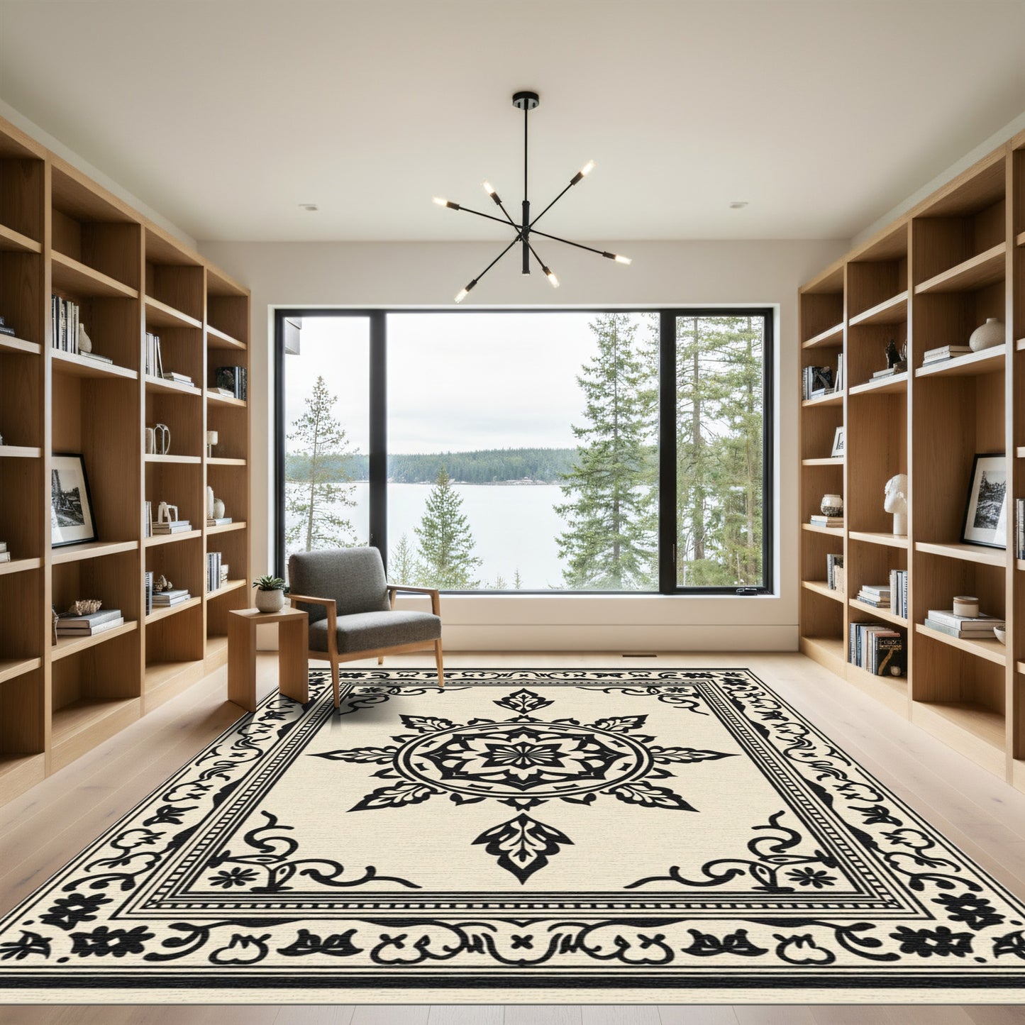 Cream Black Medallion Floral Frame Rug
