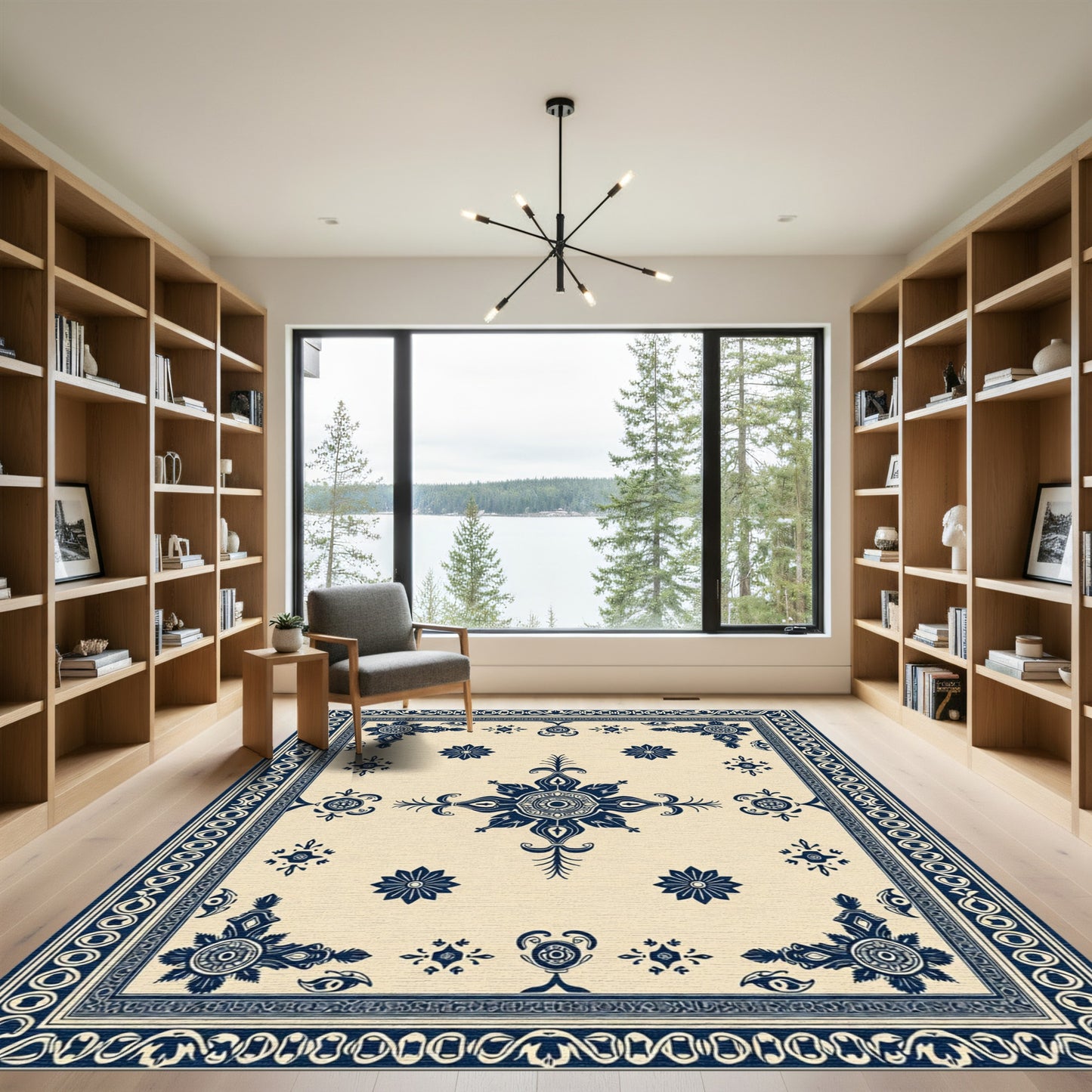 Indigo Ivory Floral Medallion Arrangement Rug