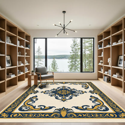 Navy Gold Floral Scroll Frame Rug