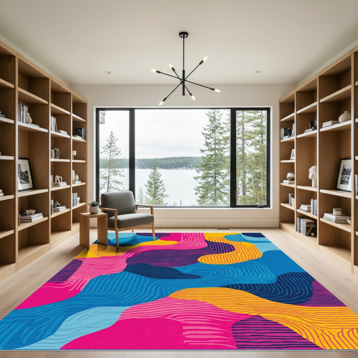 Vibrant Pink Blue Yellow Flowing Waves Rug