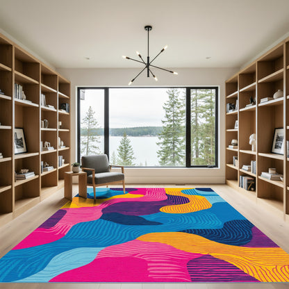 Vibrant Pink Blue Yellow Flowing Waves Rug