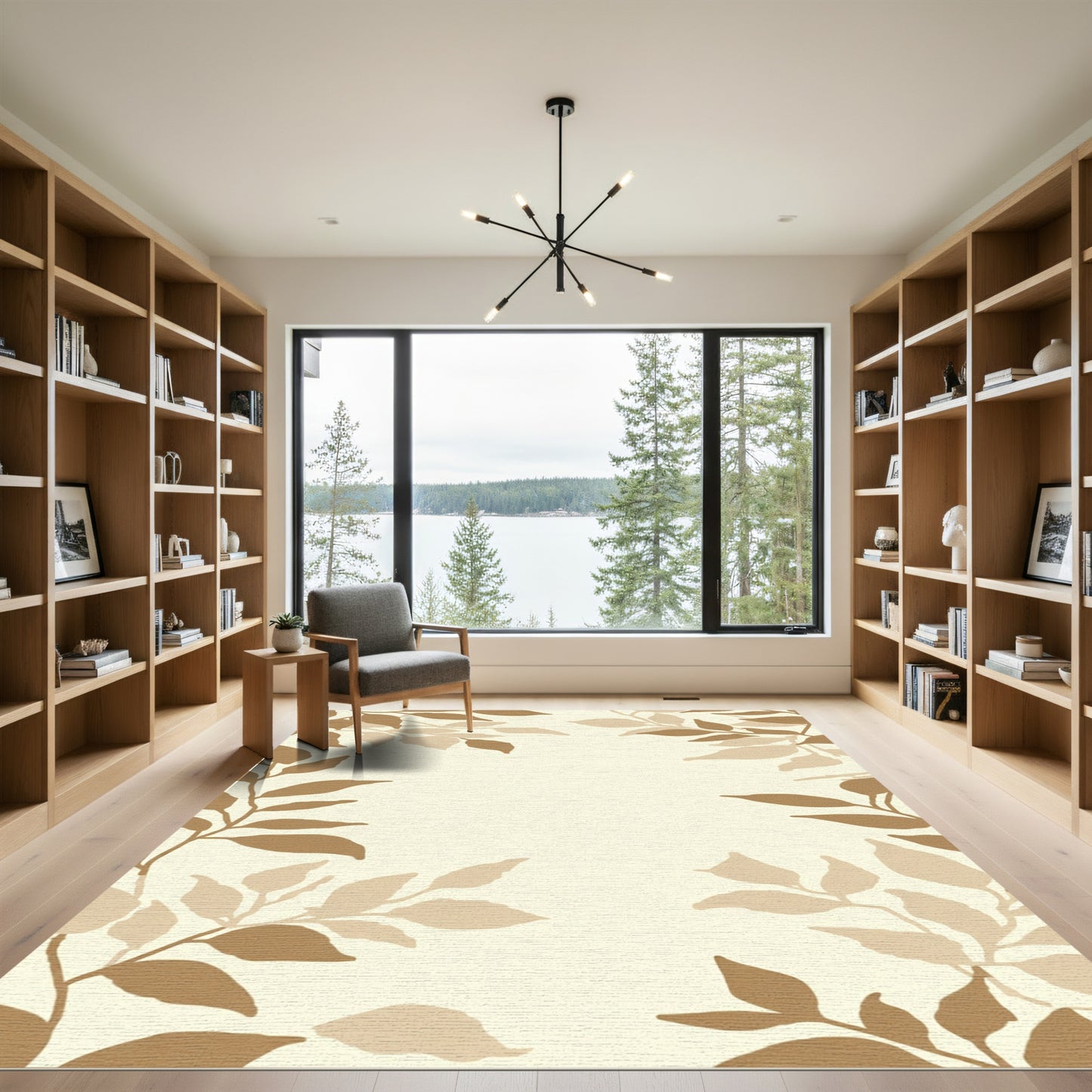 Brown Leafy Branches Cream Border Rug