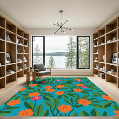 Tropical Orange Flower Leafy Swirl Rug
