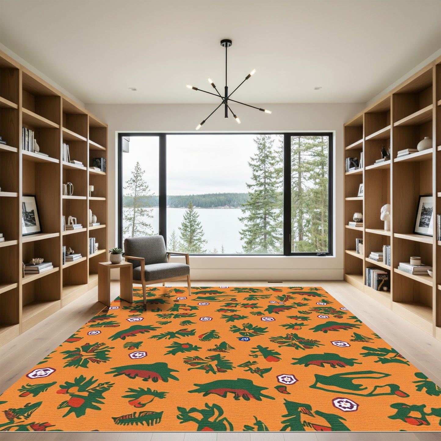 Orange Tropical Green Red Leaf Medallion Rug