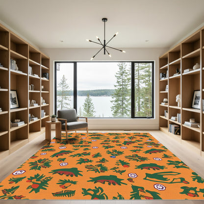 Orange Tropical Green Red Leaf Medallion Rug