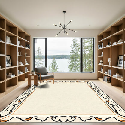 Cream Beige Black Orange Vine Border Rug