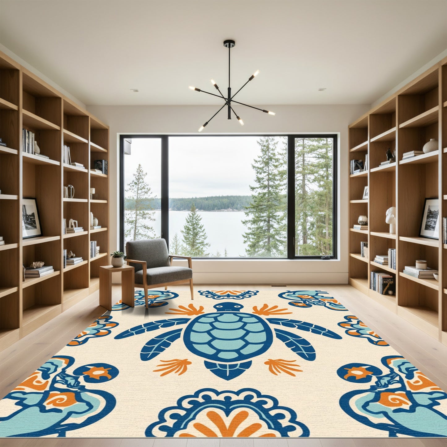 Marine Blue Turtle Floral Medallion Rug