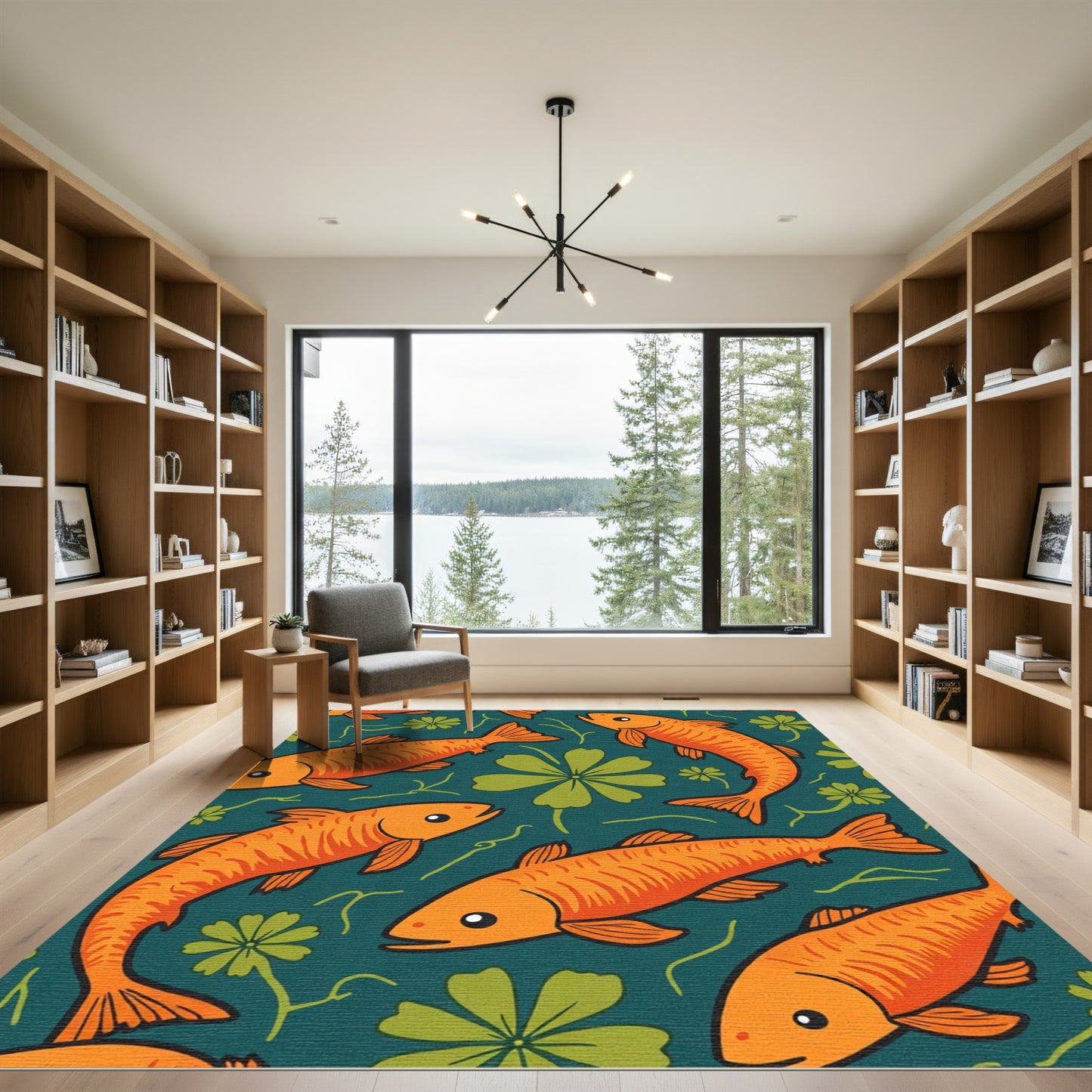Orange Koi Fish Green Floral Pond Rug