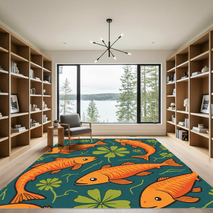 Orange Koi Fish Green Floral Pond Rug