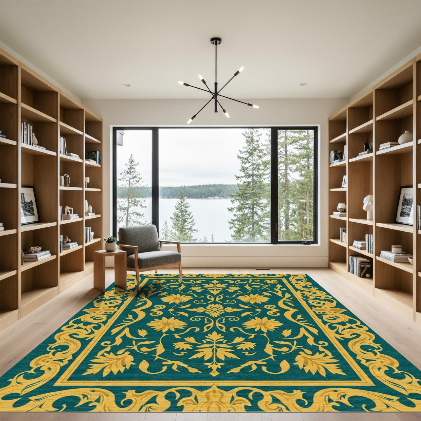 Teal Gold Ornate Floral Scroll Rug