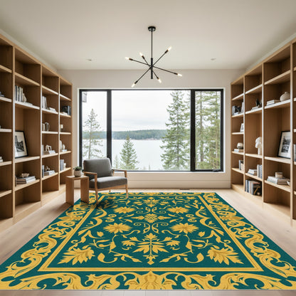 Teal Gold Ornate Floral Scroll Rug