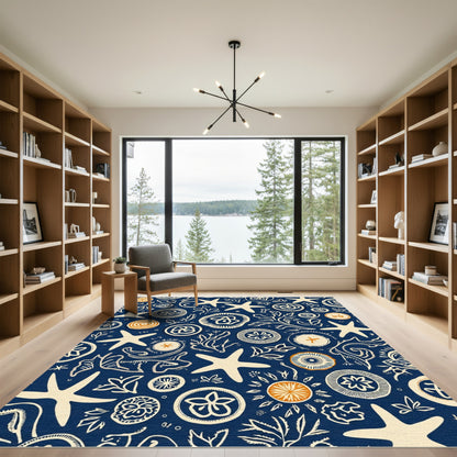Oceanic Starfish Coral Medallion Navy Rug