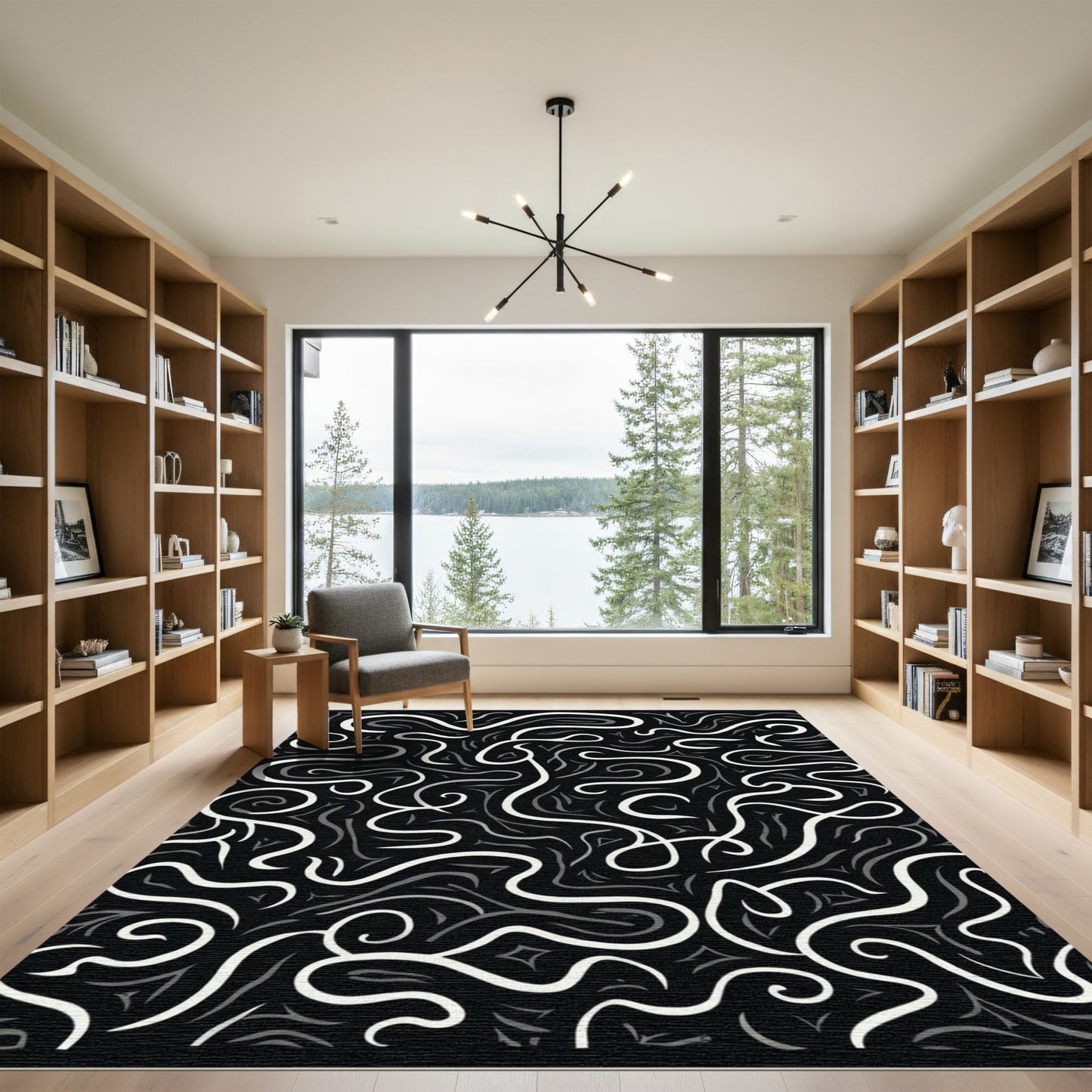 Bold White Black Swirl Abstract Rug