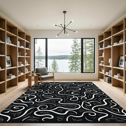 Bold White Black Swirl Abstract Rug