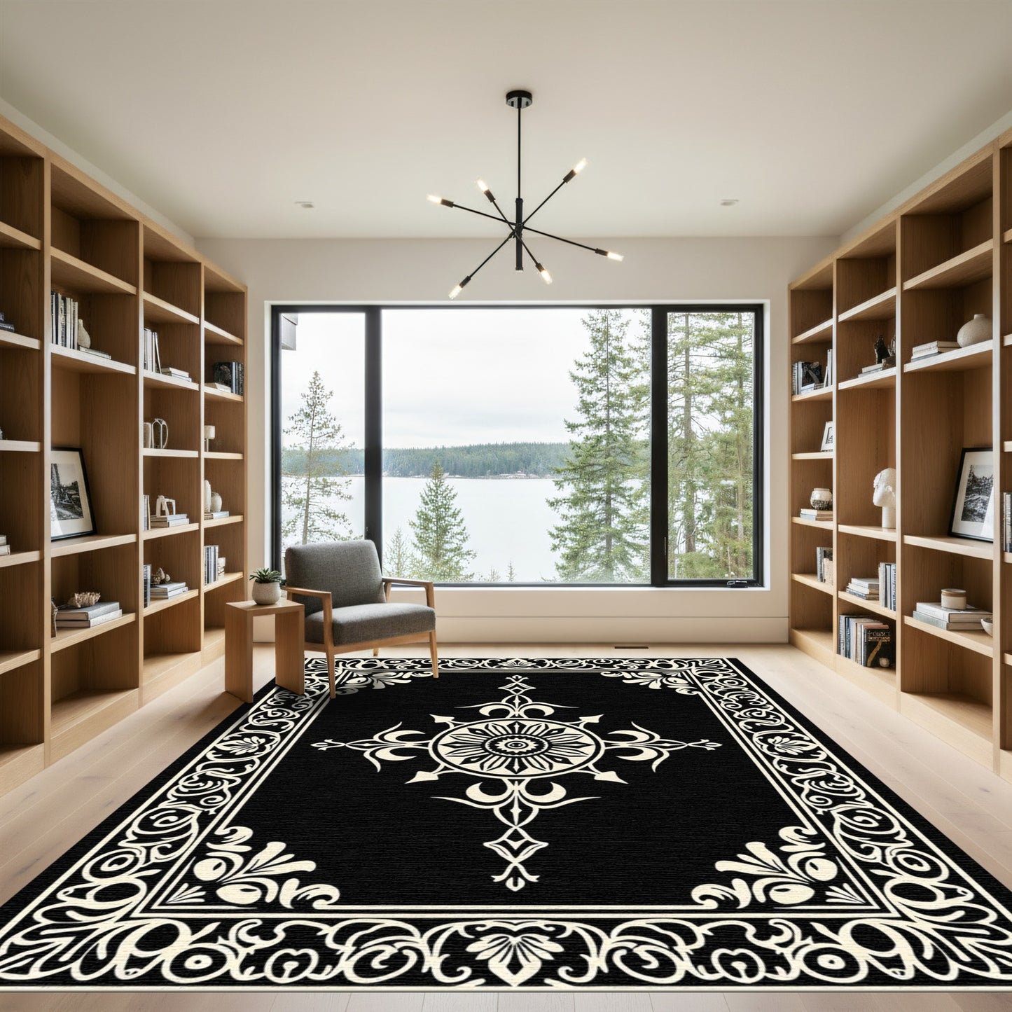 Black Cream Floral Medallion Frame Rug