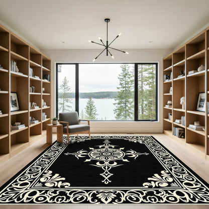 Black Cream Floral Medallion Frame Rug