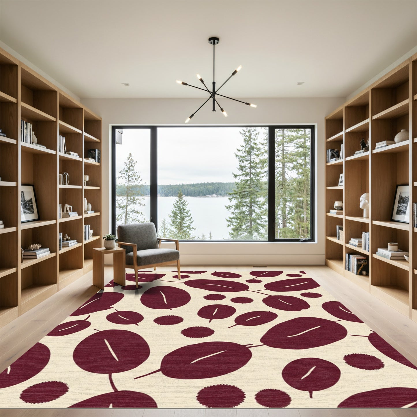 Deep Red Leafy Branches and Dots Rug