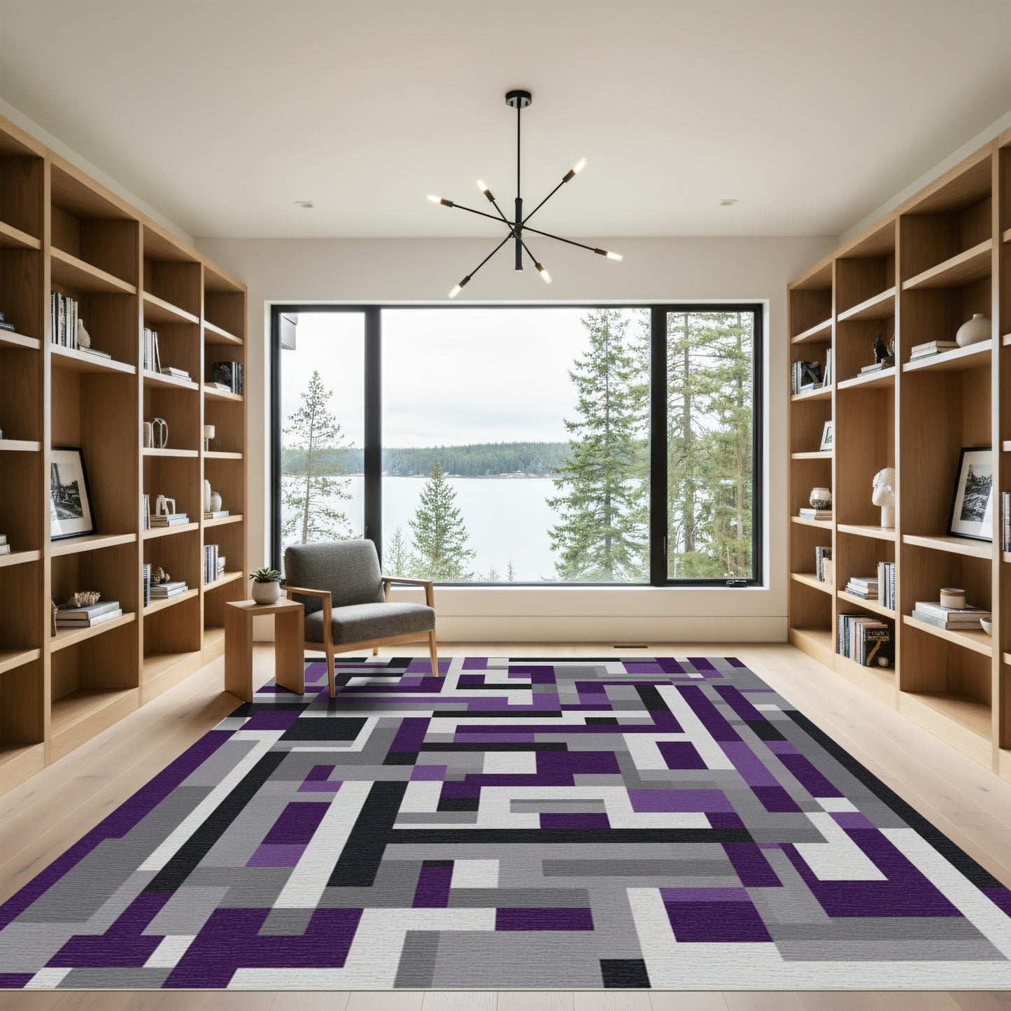 Modern Purple Gray Geometric Maze Rug