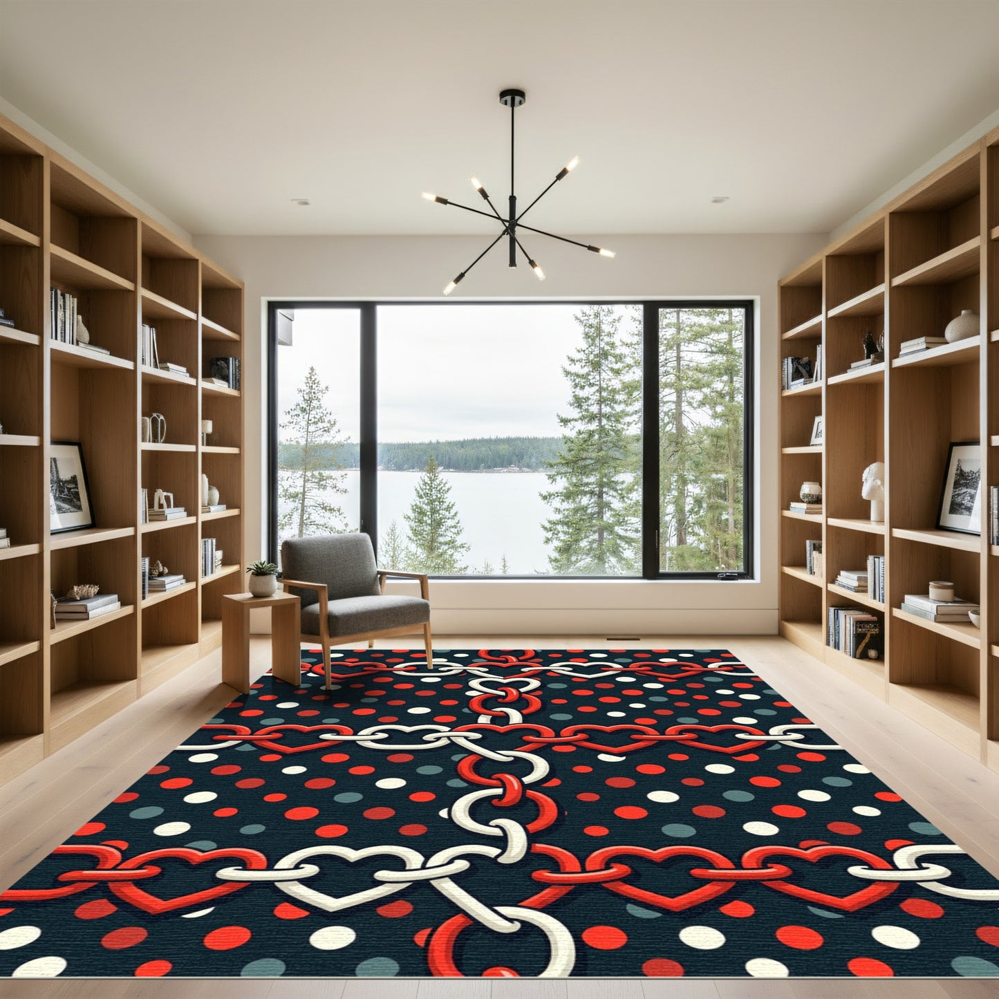 Red White Heart Chain Polka Dot Rug