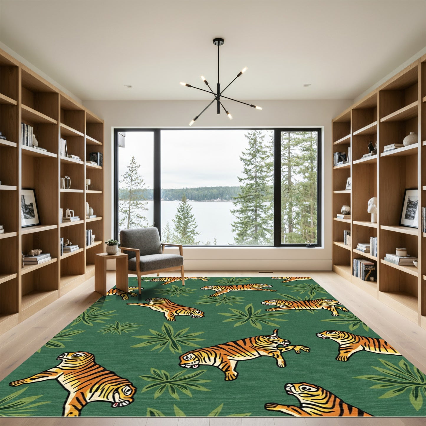 Jungle Orange Tigers Green Foliage Rug