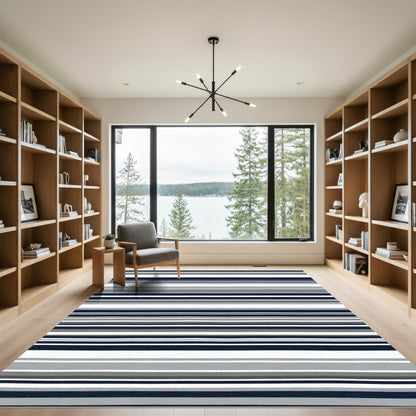 Navy Gray White Horizontal Striped Rug