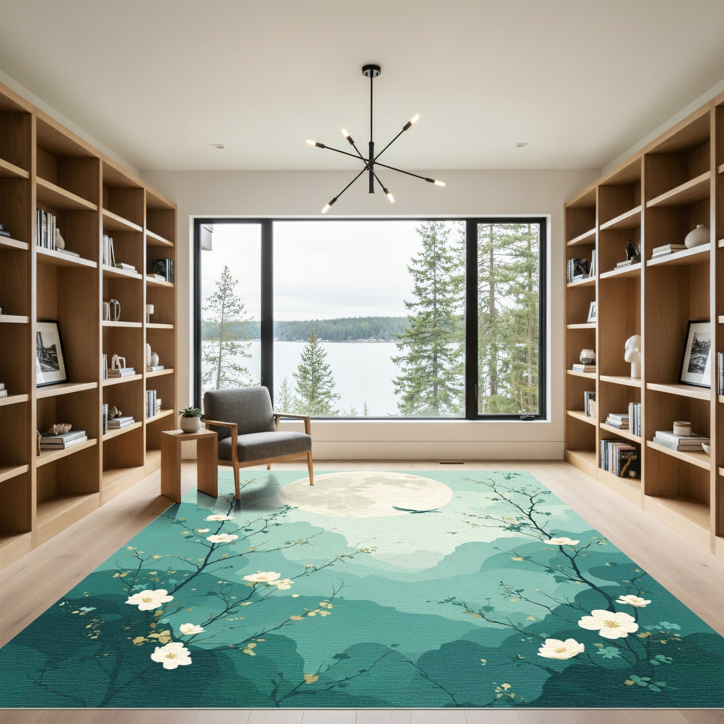 Misty Mountain Moonlit Blossom Scene Rug